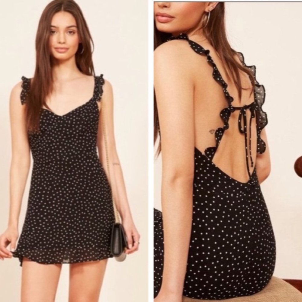 Reformation Petals Polka Dot Mini Dress Black